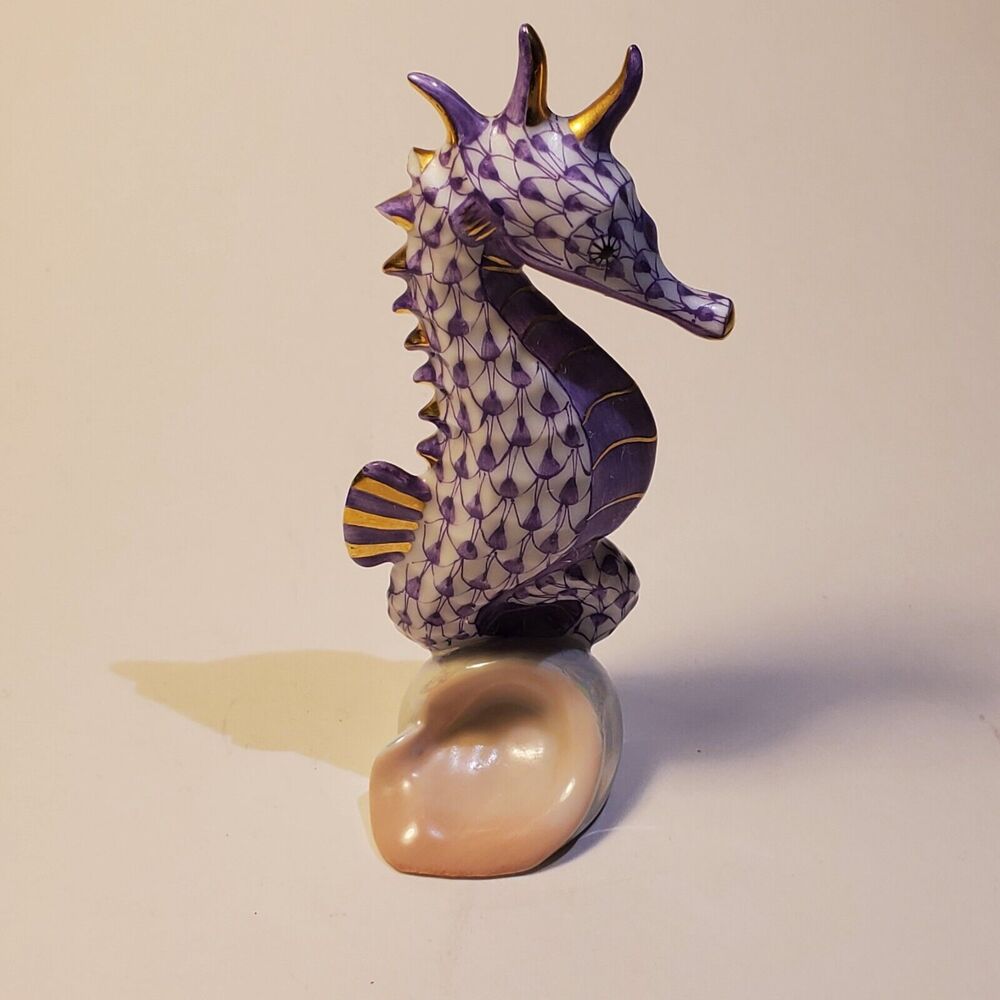 Herend Seahorse Porcelain Figurine 4" Fishnet Purple and Gold - Chipped